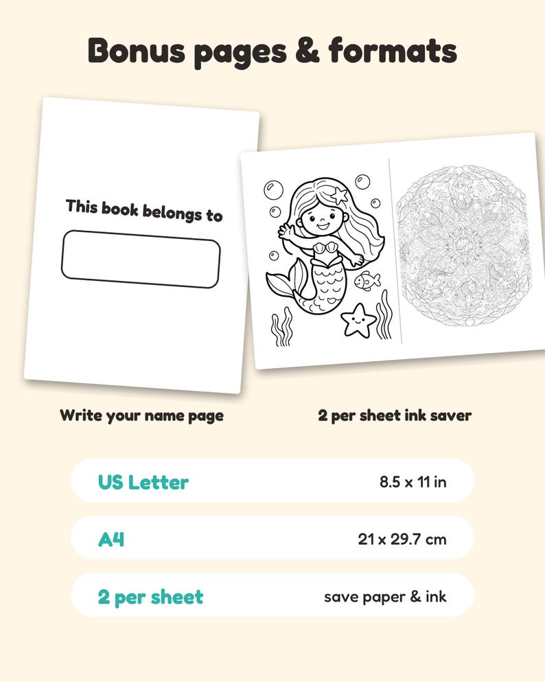 May include: A digital coloring book page set featuring a 'This book belongs to' name page and a sheet with two designs: a mermaid with bubbles and a detailed mandala. Text includes 'US Letter 8.5 x 11 in', 'A4 21 x 29.7 cm', and '2 per sheet'.