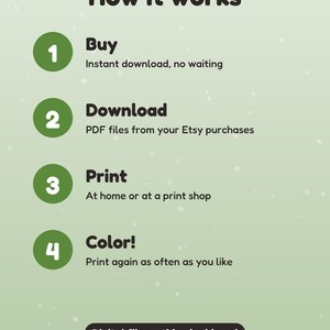 May include: An instructional graphic on a light green background titled How it works. It lists four steps: 1 Buy, 2 Download, 3 Print, and 4 Color, with brief text for each. A black pill-shaped badge at the bottom states Digital file: nothing is shipped.