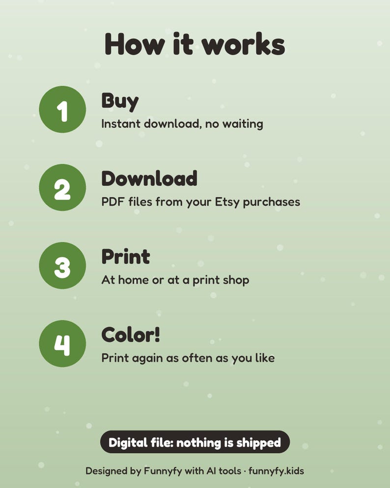 May include: An instructional graphic on a light green background titled How it works. It lists four steps: 1 Buy, 2 Download, 3 Print, and 4 Color, with brief text for each. A black pill-shaped badge at the bottom states Digital file: nothing is shipped.