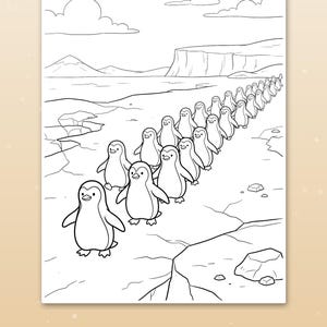 May include: A black and white coloring page featuring a long line of penguins walking across an icy landscape with mountains and clouds in the background. The text at the bottom of the image reads, "Cute scenes kids love."