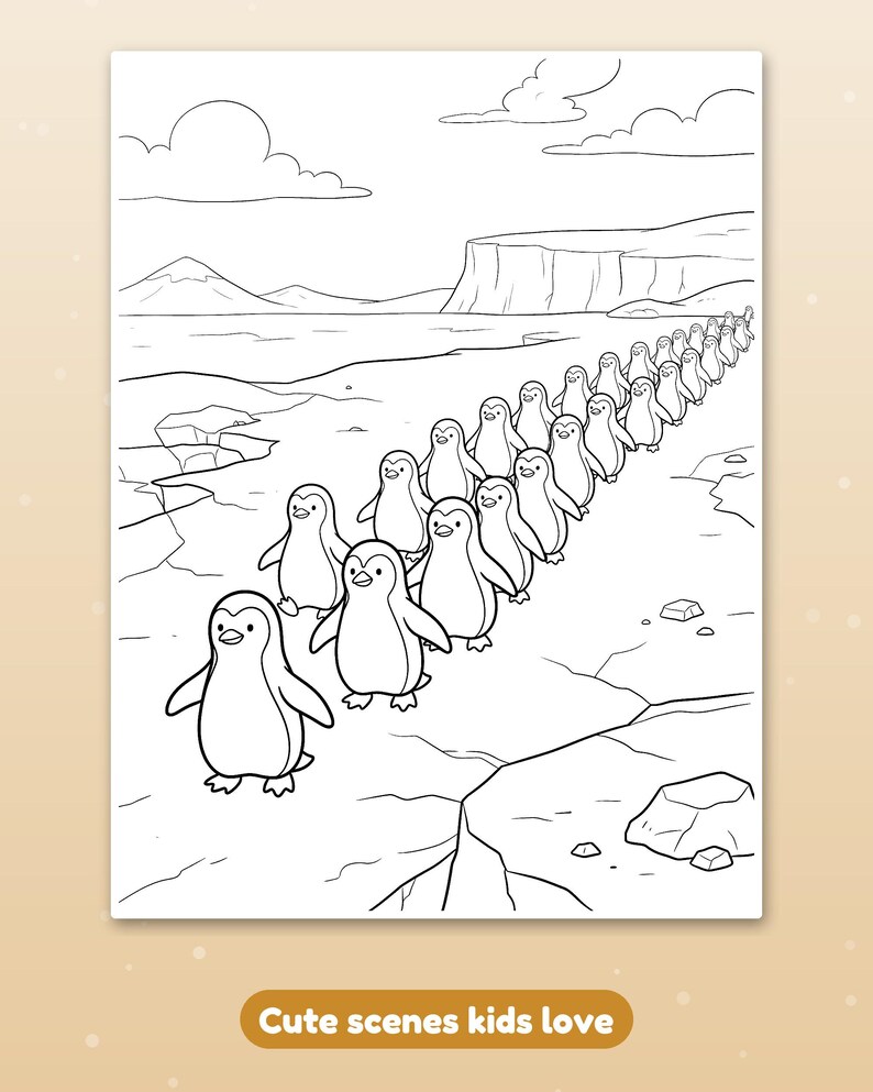 May include: A black and white coloring page featuring a long line of penguins walking across an icy landscape with mountains and clouds in the background. The text at the bottom of the image reads, "Cute scenes kids love."