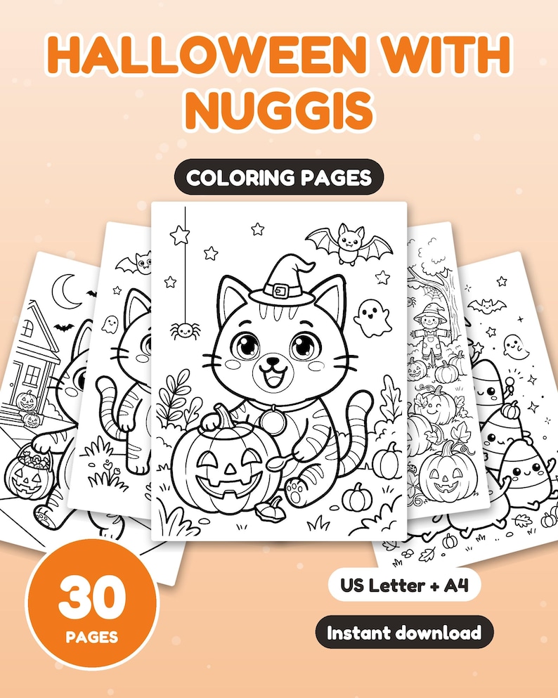 May include: A set of 30 Halloween coloring pages titled HALLOWEEN WITH NUGGIS, featuring black and white line art of cats, pumpkins, ghosts, bats, and scarecrows. The pages are available in US Letter and A4 sizes for instant download.