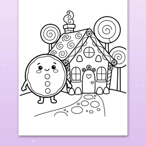 May include: A black and white coloring page featuring a smiling gingerbread character standing in front of a candy-themed house. The scene includes large lollipop trees, a path with circular stones, and a chimney with swirling smoke.