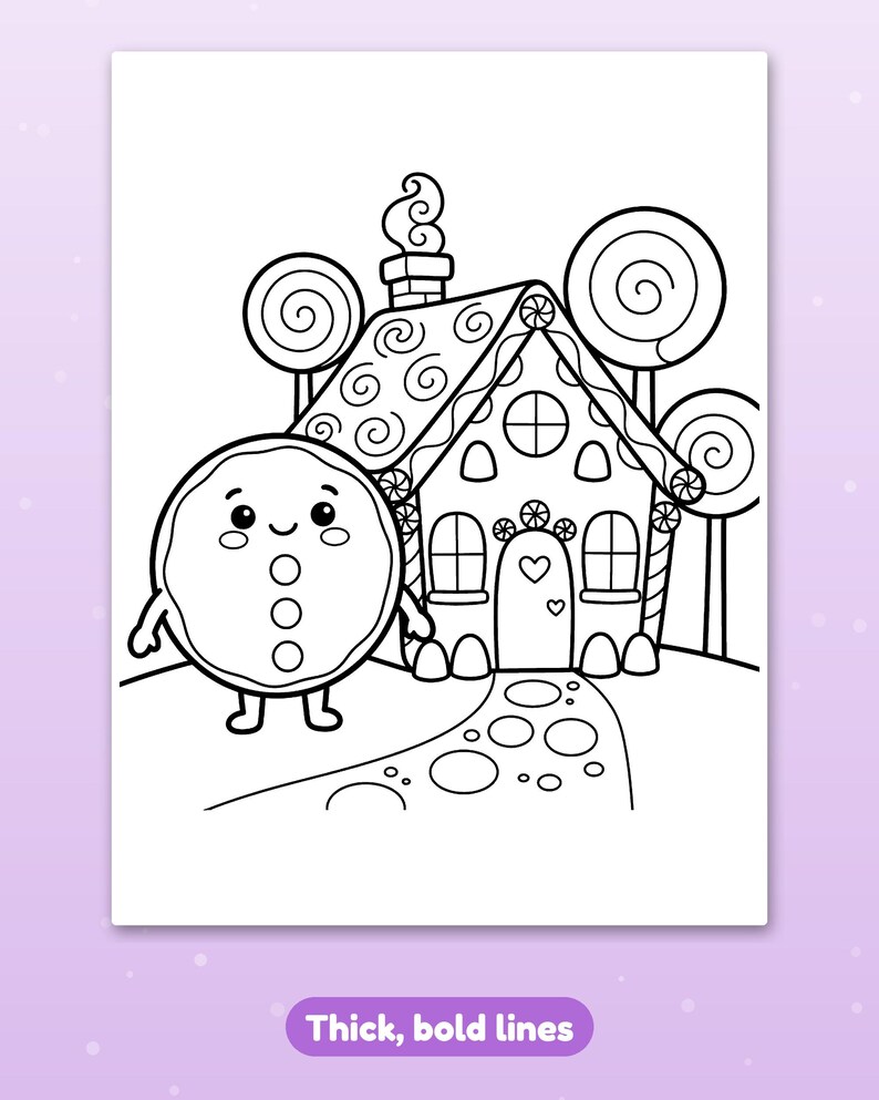 May include: A black and white coloring page featuring a smiling gingerbread character standing in front of a candy-themed house. The scene includes large lollipop trees, a path with circular stones, and a chimney with swirling smoke.