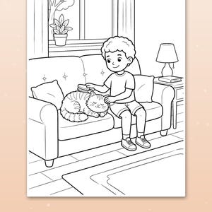 May include: A black and white coloring page featuring a child sitting on a sofa brushing a cat. The scene includes a window, a potted plant, and a lamp on a side table. The text at the bottom reads: Big spaces for little hands.