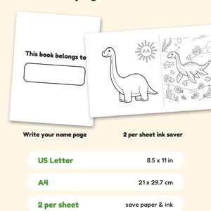 May include: A digital coloring book page set featuring a 'This book belongs to' name plate, a long-necked dinosaur, and an underwater scene with a plesiosaur. Text includes 'Bonus pages & formats', 'US Letter 8.5 x 11 in', 'A4 21 x 29.7 cm', and '2 per sheet'.