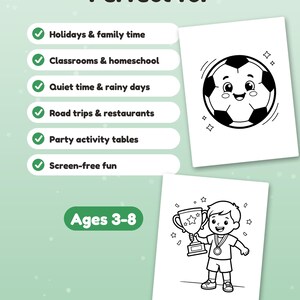 May include: Two black and white coloring pages on a light green background. One page features a smiling soccer ball with stars. The other page shows a person holding a trophy and wearing a medal. Text includes "Perfect for" and "Ages 3-8".