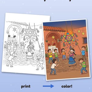 Puede incluir: Un conjunto de p&aacute;ginas para colorear con una ilustraci&oacute;n de l&iacute;neas en blanco y negro y una versi&oacute;n a color de ni&ntilde;os jugando con una pi&ntilde;ata en forma de estrella en un patio. El texto dice Color it your way!, print, color! y Example colored with AI.