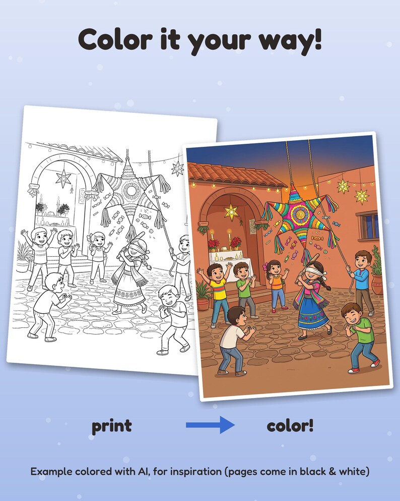 Puede incluir: Un conjunto de p&aacute;ginas para colorear con una ilustraci&oacute;n de l&iacute;neas en blanco y negro y una versi&oacute;n a color de ni&ntilde;os jugando con una pi&ntilde;ata en forma de estrella en un patio. El texto dice Color it your way!, print, color! y Example colored with AI.