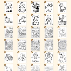 May include: A collection of 30 black and white coloring pages featuring farm-themed illustrations including animals, tractors, barns, and rural landscapes. The text "Everything you get: 30 pages" and "+ cover 'This book belongs to' page &middot; closing page" is visible.