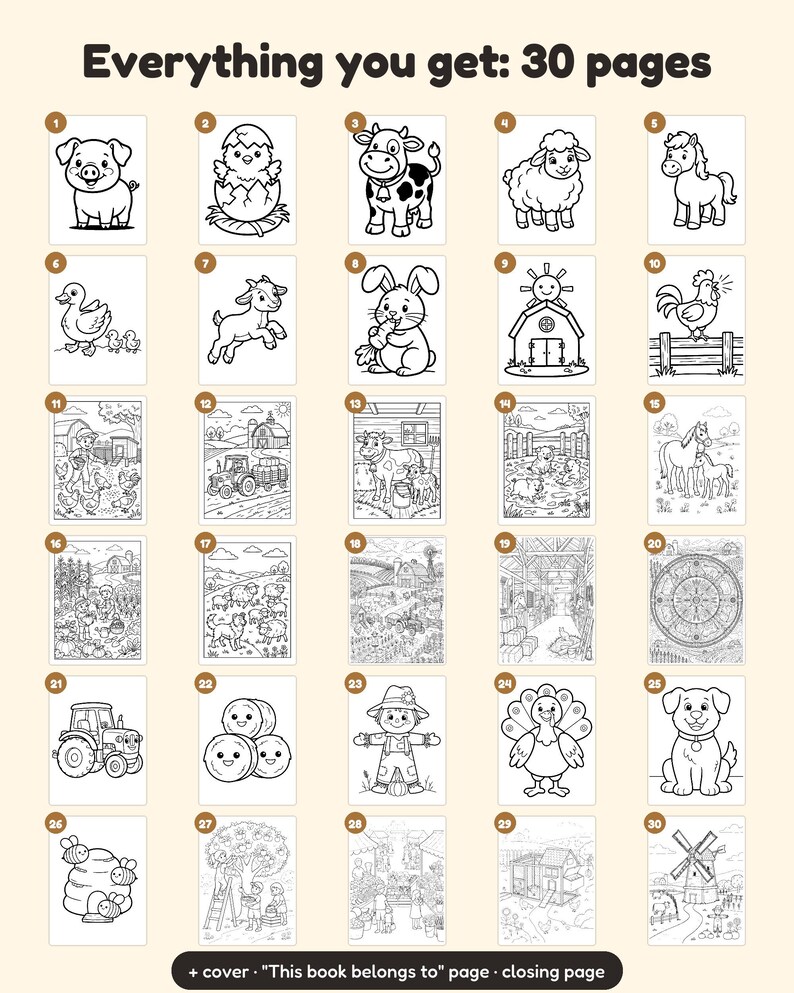 May include: A collection of 30 black and white coloring pages featuring farm-themed illustrations including animals, tractors, barns, and rural landscapes. The text "Everything you get: 30 pages" and "+ cover 'This book belongs to' page &middot; closing page" is visible.