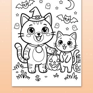 May include: A black and white coloring page featuring two cartoon cats, one wearing a witch hat, standing next to jack-o'-lanterns. The background includes bats, ghosts, stars, and a crescent moon. The text at the bottom reads Thick, bold lines.