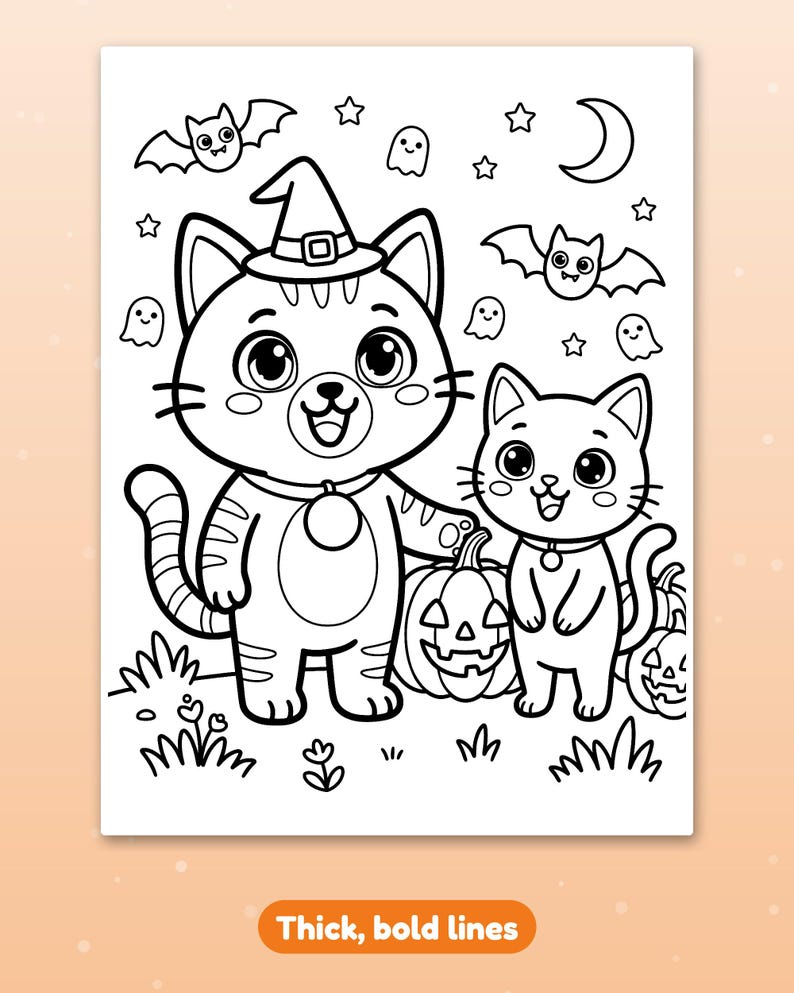 May include: A black and white coloring page featuring two cartoon cats, one wearing a witch hat, standing next to jack-o'-lanterns. The background includes bats, ghosts, stars, and a crescent moon. The text at the bottom reads Thick, bold lines.