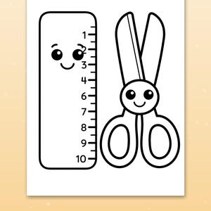 May include: A black and white coloring page featuring a cartoon ruler with a smiling face and numbered markings from 1 to 10, alongside a pair of cartoon scissors with a smiling face. The text at the bottom reads Big spaces for little hands.