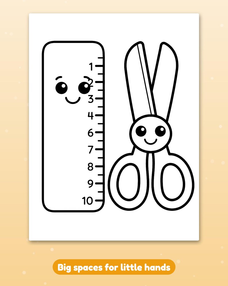 May include: A black and white coloring page featuring a cartoon ruler with a smiling face and numbered markings from 1 to 10, alongside a pair of cartoon scissors with a smiling face. The text at the bottom reads Big spaces for little hands.
