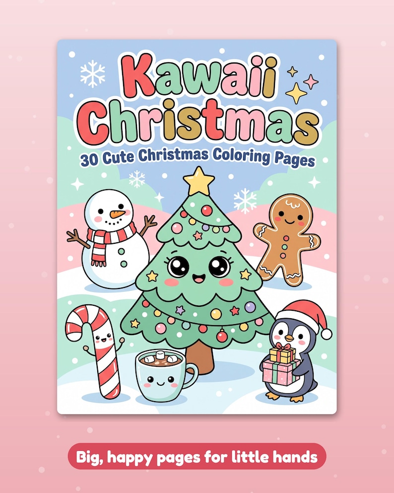 May include: A coloring book titled Kawaii Christmas with 30 Cute Christmas Coloring Pages. The cover features a snowman, a decorated Christmas tree, a gingerbread man, a candy cane, a mug of cocoa, and a penguin holding gifts.