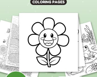 Peut inclure: Une collection numérique de 30 pages de coloriage sur la nature et les plantes avec des dessins au trait noir et blanc d'une fleur souriante, d'une grenouille sur un nénuphar et d'autres scènes botaniques. Le texte indique NATURE & PLANTS COLORING PAGES, 30 PAGES, US Letter + A4, Instant download.
