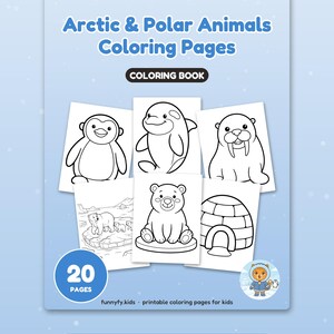 May include: A coloring book titled Arctic & Polar Animals Coloring Pages featuring 20 pages. The cover displays black and white line art of a penguin, orca, walrus, polar bear, and igloo. Text includes 20 PAGES and Big, happy pages for little hands.