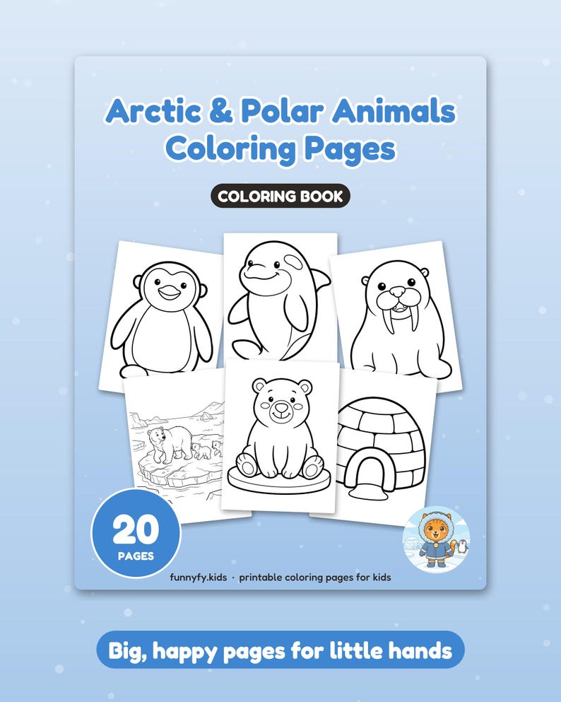 May include: A coloring book titled Arctic & Polar Animals Coloring Pages featuring 20 pages. The cover displays black and white line art of a penguin, orca, walrus, polar bear, and igloo. Text includes 20 PAGES and Big, happy pages for little hands.