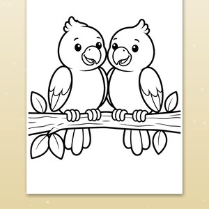 May include: A black and white colouring page featuring two cartoon parrots perched side by side on a tree branch. The birds have large eyes, small beaks, and crests on their heads. The illustration is defined by thick, bold lines.
