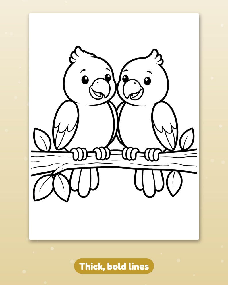 May include: A black and white colouring page featuring two cartoon parrots perched side by side on a tree branch. The birds have large eyes, small beaks, and crests on their heads. The illustration is defined by thick, bold lines.