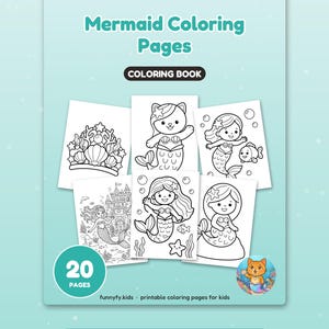May include: A Mermaid Coloring Pages coloring book with 20 pages. The cover features six black and white line art illustrations of mermaids, a crown, and a castle. Text includes Mermaid Coloring Pages, COLORING BOOK, 20 PAGES, funnyfy.kids, and Big, happy pages for little hands.
