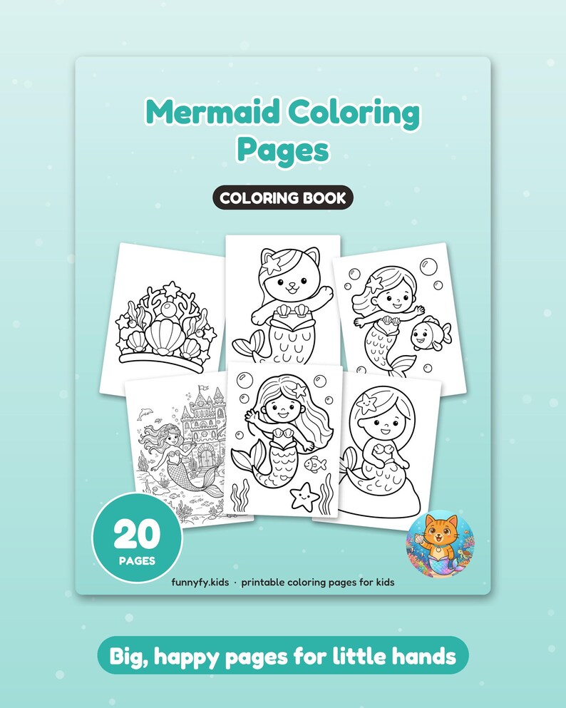 May include: A Mermaid Coloring Pages coloring book with 20 pages. The cover features six black and white line art illustrations of mermaids, a crown, and a castle. Text includes Mermaid Coloring Pages, COLORING BOOK, 20 PAGES, funnyfy.kids, and Big, happy pages for little hands.