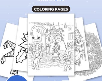 May include: A set of 20 colouring pages titled POSADAS & THREE KINGS COLOURING PAGES. The pages feature black and white line art illustrations of children playing with a piñata, a person sitting at a table, and holiday wreaths. US Letter + A4.
