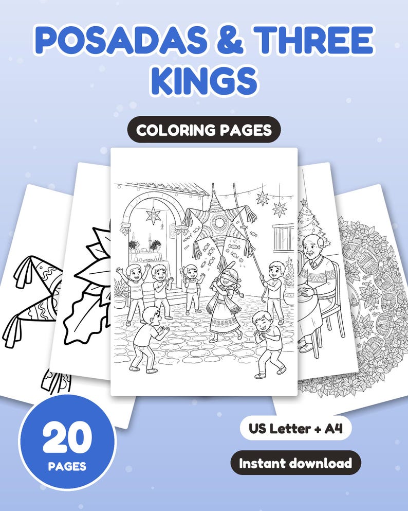 Puede incluir: Un conjunto de 20 p&aacute;ginas para colorear titulado POSADAS & THREE KINGS COLORING PAGES. Las p&aacute;ginas muestran ilustraciones en blanco y negro de ni&ntilde;os jugando con una pi&ntilde;ata, una persona sentada a la mesa y coronas navide&ntilde;as. US Letter + A4.