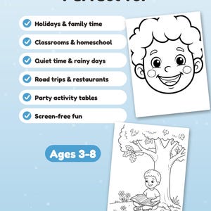 May include: A light blue informational graphic featuring the text Perfect for and Ages 3-8. It includes a list of six check-marked items and two black and white colouring pages, one showing a child's face and another showing a child reading under a tree.