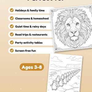 May include: Two black and white coloring pages featuring a lion head and a line of penguins. Text includes "Perfect for" followed by a list of activities and "Ages 3-8". The pages are set against a light tan background with checkmark icons.