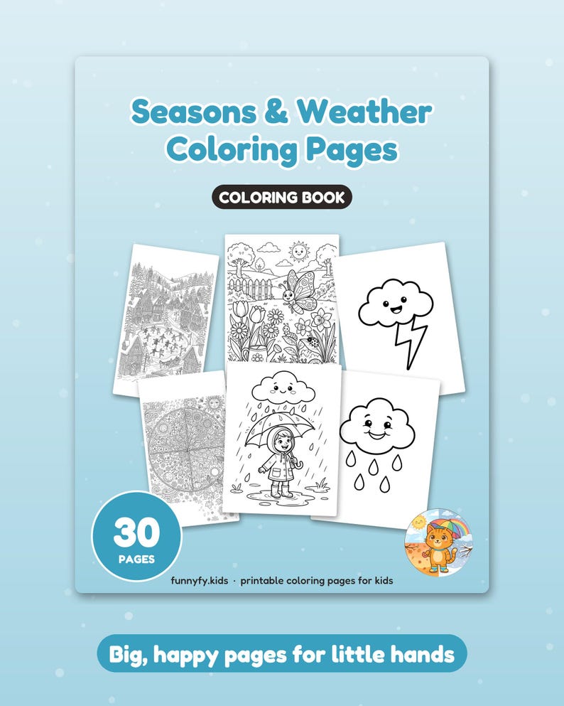 Może przedstawiać: Kolorowanka zatytułowana Seasons & Weather Coloring Pages zawierająca 30 stron. Okładka przedstawia r&oacute;żne czarno-białe ilustracje scen pogodowych, dziecko z parasolem oraz kota. Tekst zawiera 30 PAGES oraz Big, happy pages for little hands.