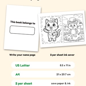 May include: A printable coloring book page set featuring a 'This book belongs to' name page and two St. Patrick's Day themed illustrations of a cat and a fox wearing top hats. The sheets are available in 8.5 x 11 inch US Letter format.