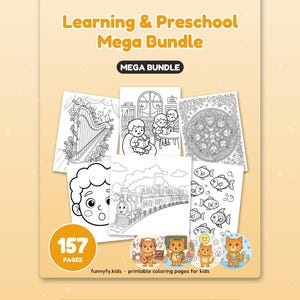 May include: A Learning & Preschool Mega Bundle coloring book set featuring 157 pages. The cover displays various black and white line art illustrations including a harp, children reading, a train with alphabet letters, and fish.