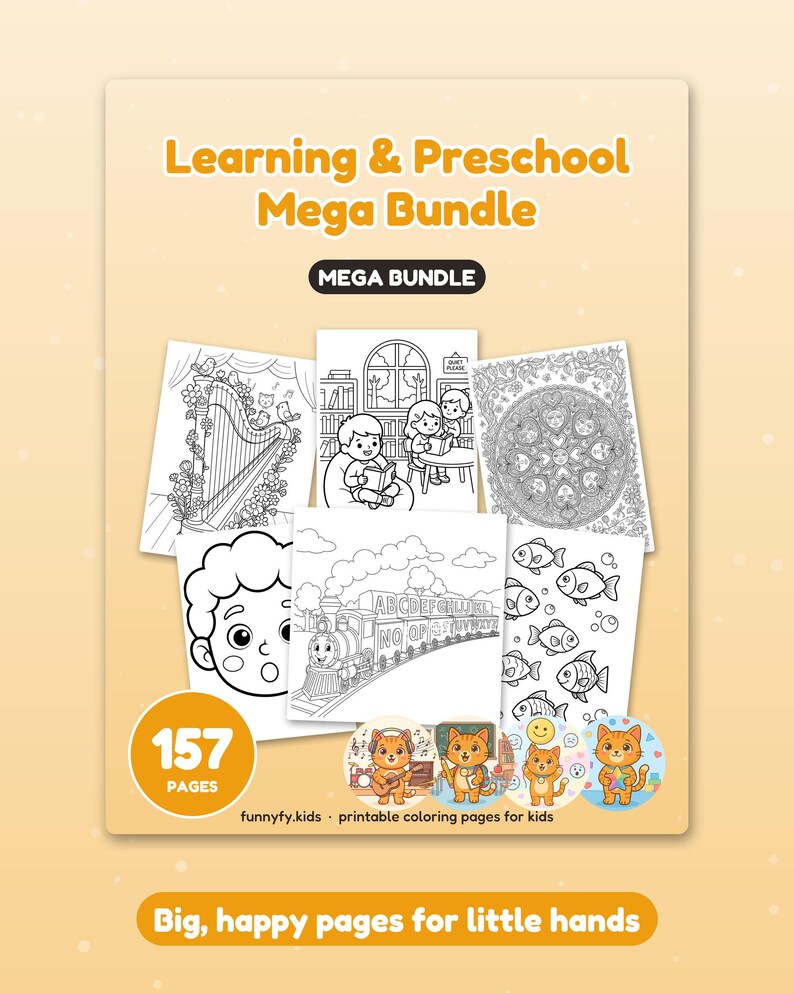 May include: A Learning & Preschool Mega Bundle coloring book set featuring 157 pages. The cover displays various black and white line art illustrations including a harp, children reading, a train with alphabet letters, and fish.
