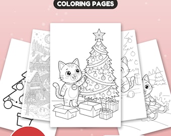 May include: A digital collection of 40 Christmas coloring pages featuring black and white line art of cats, decorated trees, gifts, and winter village scenes. The text reads CHRISTMAS COLORING PAGES, 40 PAGES, US Letter + A4, and Instant download.