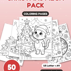 May include: A Christmas Mega Pack of 50 coloring pages featuring black and white line art of a cat in a Santa hat decorating a tree, gifts, snowflakes, and holly. The text reads CHRISTMAS MEGA PACK, COLORING PAGES, 50 PAGES, US Letter + A4.