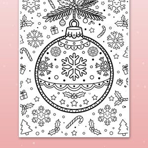 May include: A black and white coloring page featuring a large central Christmas ornament decorated with a snowflake pattern, surrounded by holly, candy canes, gift boxes, and smiling snowflakes. The text Cute scenes kids love is at the bottom.