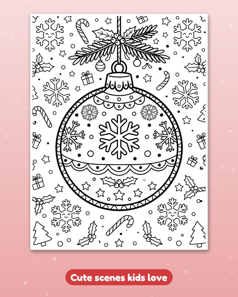 May include: A black and white coloring page featuring a large central Christmas ornament decorated with a snowflake pattern, surrounded by holly, candy canes, gift boxes, and smiling snowflakes. The text Cute scenes kids love is at the bottom.