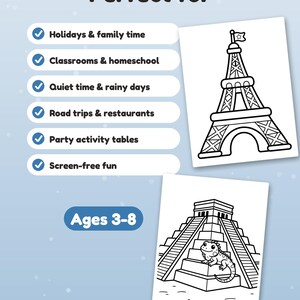 Może przedstawiać: Jasnoniebieska infografika z tekstem Perfect for, po kt&oacute;rym następuje lista sześciu punkt&oacute;w: Holidays & family time, Classrooms & homeschool, Quiet time & rainy days, Road trips & restaurants, Party activity tables oraz Screen-free fun. Poniżej znajduje się tekst Ages 3-8 oraz dwie czarno-białe kolorowanki przedstawiające wieżę Eiffla i piramidę z legwanem.