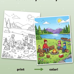 May include: A coloring page set featuring a camping scene with a campfire, three people, a lake, and mountains. The text reads Color it your way! print color! Example colored with AI, for inspiration (pages come in black & white).