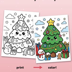 May include: Two coloring pages featuring a Christmas tree with a smiling face, a star topper, ornaments, a snowman, a gingerbread man, and gifts. The text reads Color it your way!, print, color!, and Example colored with AI, for inspiration.