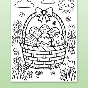 May include: A black and white coloring page featuring a woven basket filled with patterned Easter eggs, topped with a bow. The scene includes flowers, mushrooms, clouds, a smiling sun, and bees, with the text Big spaces for little hands.