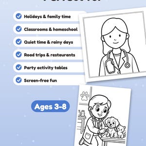 Może przedstawiać: Zestaw kolorowanek przedstawiający lekarza oraz weterynarza ze szczeniakiem i kotkiem. Tekst zawiera: Perfect for, Holidays & family time, Classrooms & homeschool, Quiet time & rainy days, Road trips & restaurants, Party activity tables, Screen-free fun, Ages 3-8.