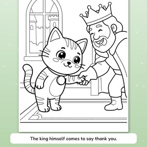 Puede incluir: Una p&aacute;gina para colorear en blanco y negro con un gato de dibujos animados estrechando la mano de un rey con corona. Al fondo, una ventana arqueada muestra un castillo. El texto dice: The king himself comes to say thank you.