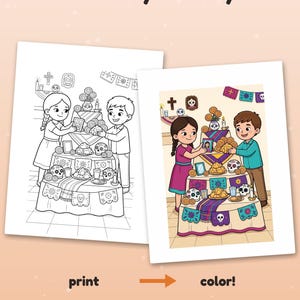 Op de afbeelding: Een printbare kleurplaat met een zwart-wit lijntekening en een ingekleurde versie van twee kinderen die een altaar met meerdere niveaus versieren met schedels, bloemen en eten. Tekst: Color it your way! print color!
