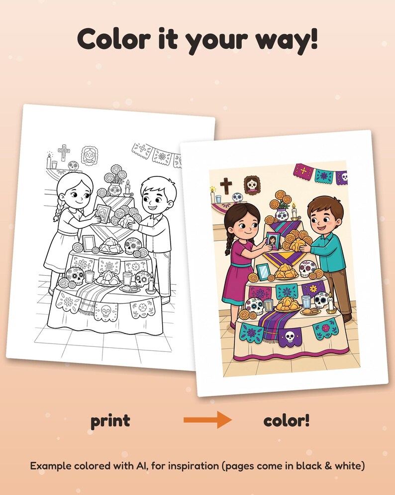 Op de afbeelding: Een printbare kleurplaat met een zwart-wit lijntekening en een ingekleurde versie van twee kinderen die een altaar met meerdere niveaus versieren met schedels, bloemen en eten. Tekst: Color it your way! print color!
