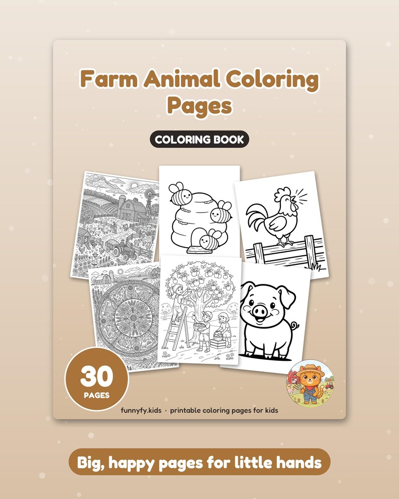 May include: A coloring book titled Farm Animal Coloring Pages featuring 30 pages of black and white illustrations including a farm scene, a beehive, a rooster, a circular mandala, children picking fruit, and a pig, with the text funnyfy.kids.