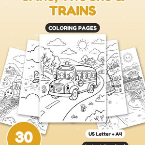 K&ouml;nnte beinhalten: Eine Sammlung von 30 Ausmalbildern mit dem Titel CARS, TRUCKS & TRAINS. Die Seiten zeigen schwarz-wei&szlig;e Strichzeichnungen eines Schulbusses, eines Zuges auf einer Br&uuml;cke und verschiedener Landschaften. Der Text enth&auml;lt US Letter + A4.