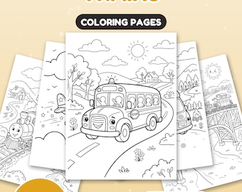 以下が含まれることがあります： CARS, TRUCKS & TRAINSと題された30ページの塗り絵コレクション。各ページには、スクールバス、橋を渡る列車、様々な風景の白黒線画が描かれています。テキストにはUS Letter + A4と記載されています。